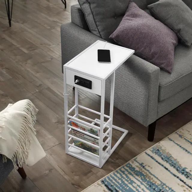 Alt view image 2 of 7 - Loft Lyfe Miller C Table - Magazine Holder, 2 USB Charging Ports, 2 Outlets, Power Plug | MDF Veneer Top, Metal Base, White/White