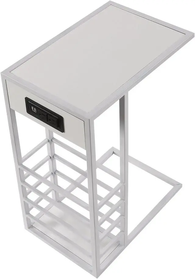 Alt view image 4 of 7 - Loft Lyfe Miller C Table - Magazine Holder, 2 USB Charging Ports, 2 Outlets, Power Plug | MDF Veneer Top, Metal Base, White/White
