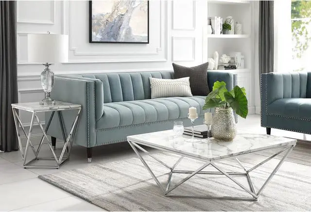 Alt view image 2 of 7 - Inspired Home Kenny End Table - MarbleTop | Polished Chrome Geometric Base, Chrome