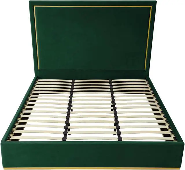 Alt view image 4 of 7 - Inspired Home Maliya Platform Bed Queen Size - Upholstered | Powder Coated Gold Frame and Base, Hunter Green Velvet