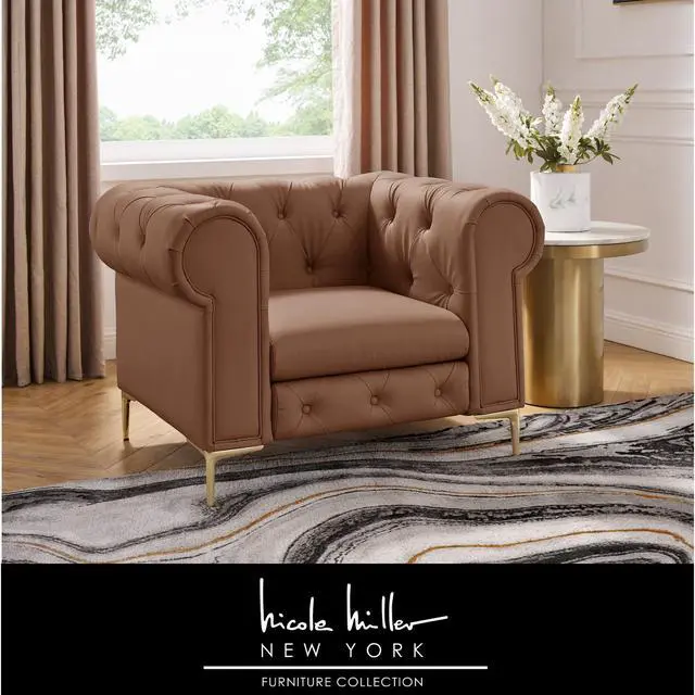 Main image of Nicole Miller Georgina Chesterfield Club Chair - Button Tufted | Rolled Arms, Camel Leather PU