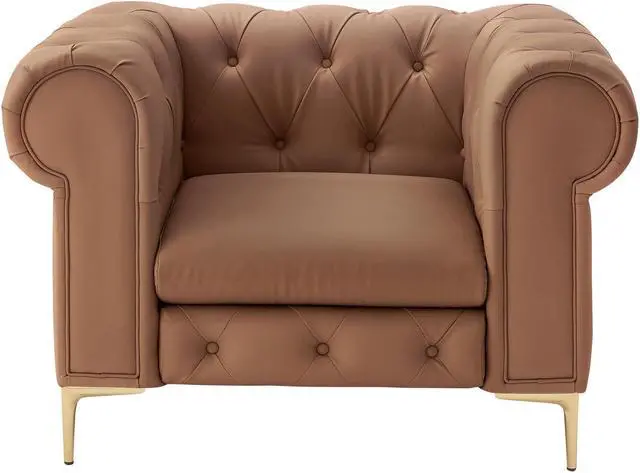 Alt view image 2 of 7 - Nicole Miller Georgina Chesterfield Club Chair - Button Tufted | Rolled Arms, Camel Leather PU