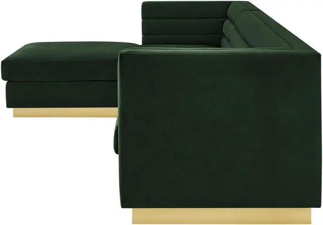 Alt view image 4 of 7 - Inspired Home Khyree Left Facing Chaise Sectional Sofa - Upholstered | Gold Base, Square Arms, Hunter Green Velvet