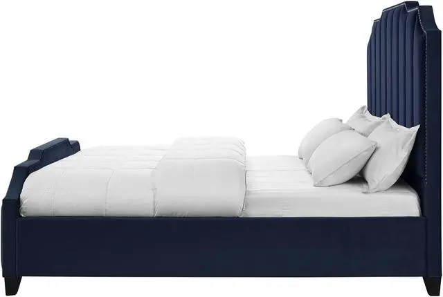 Alt view image 3 of 6 - Inspired Home Lotus Platform Bed - Upholstered | Channel Tufted, Footboard, Slats Included, Navy Velvet