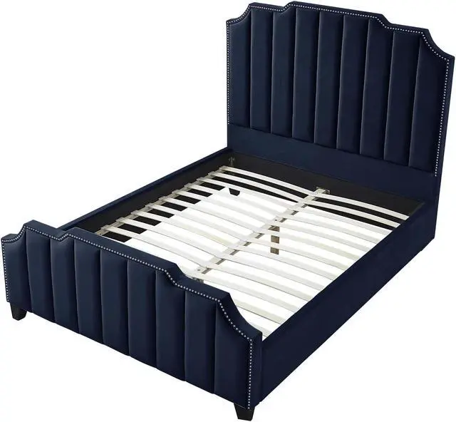 Alt view image 4 of 6 - Inspired Home Lotus Platform Bed - Upholstered | Channel Tufted, Footboard, Slats Included, Navy Velvet