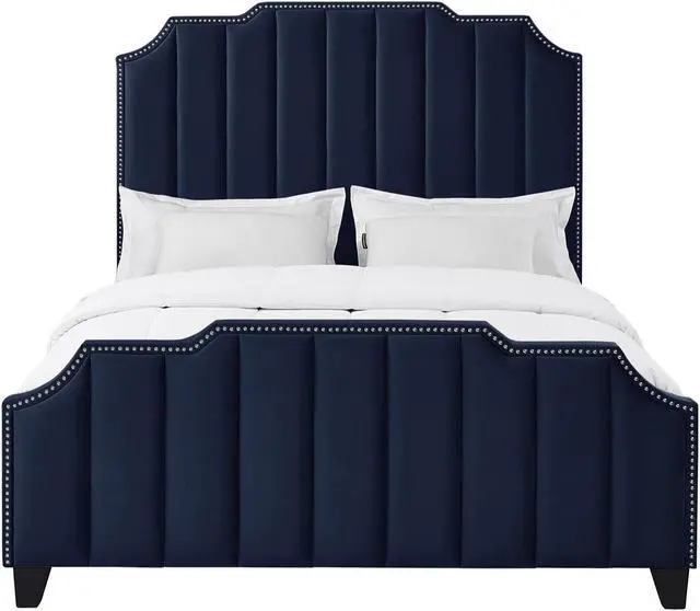 Alt view image 2 of 6 - Inspired Home Lotus Platform Bed - Upholstered | Channel Tufted, Footboard, Slats Included, Navy Velvet