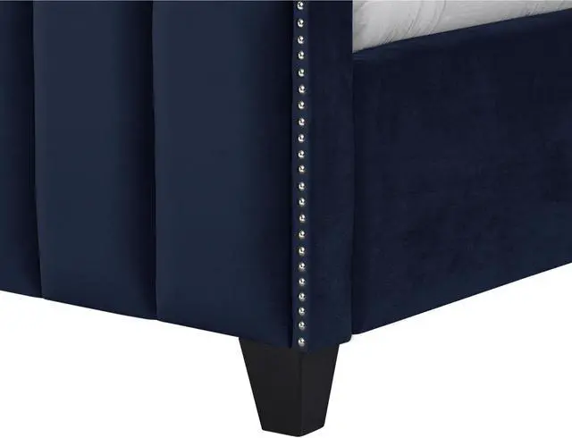 Alt view image 5 of 6 - Inspired Home Lotus Platform Bed - Upholstered | Channel Tufted, Footboard, Slats Included, Navy Velvet