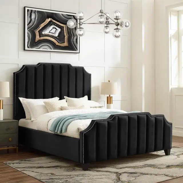 Main image of Inspired Home Lotus Platform Bed - Upholstered | Channel Tufted, Footboard, Slats Included, Black Velvet