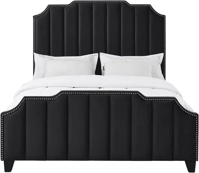 Alt view image 2 of 6 - Inspired Home Lotus Platform Bed - Upholstered | Channel Tufted, Footboard, Slats Included, Black Velvet