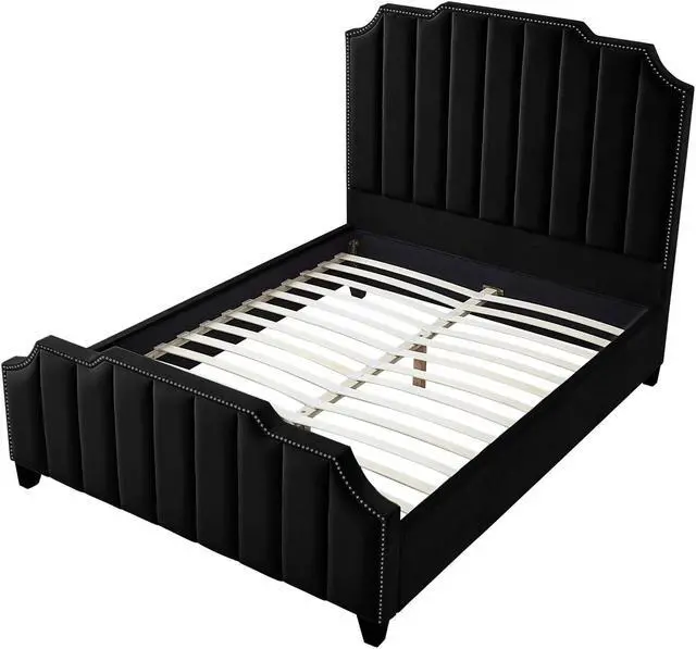 Alt view image 4 of 6 - Inspired Home Lotus Platform Bed - Upholstered | Channel Tufted, Footboard, Slats Included, Black Velvet