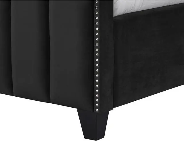 Alt view image 5 of 6 - Inspired Home Lotus Platform Bed - Upholstered | Channel Tufted, Footboard, Slats Included, Black Velvet