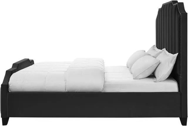 Alt view image 3 of 6 - Inspired Home Lotus Platform Bed - Upholstered | Channel Tufted, Footboard, Slats Included, Black Velvet