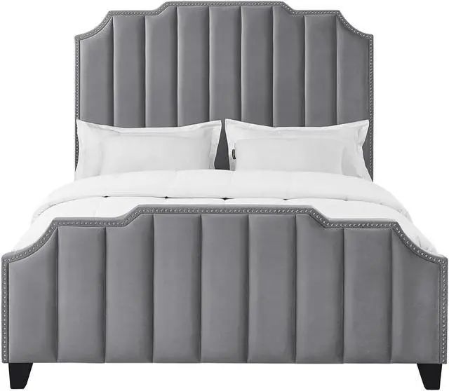 Alt view image 2 of 6 - Inspired Home Lotus Platform Bed - Upholstered | Channel Tufted, Footboard, Slats Included, Grey Velvet