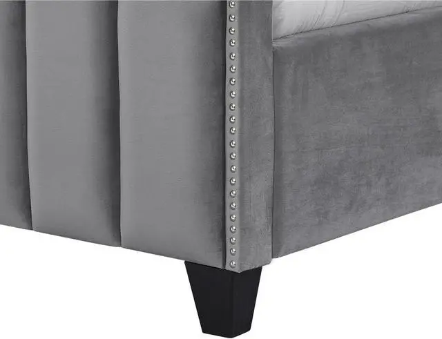 Alt view image 5 of 6 - Inspired Home Lotus Platform Bed - Upholstered | Channel Tufted, Footboard, Slats Included, Grey Velvet