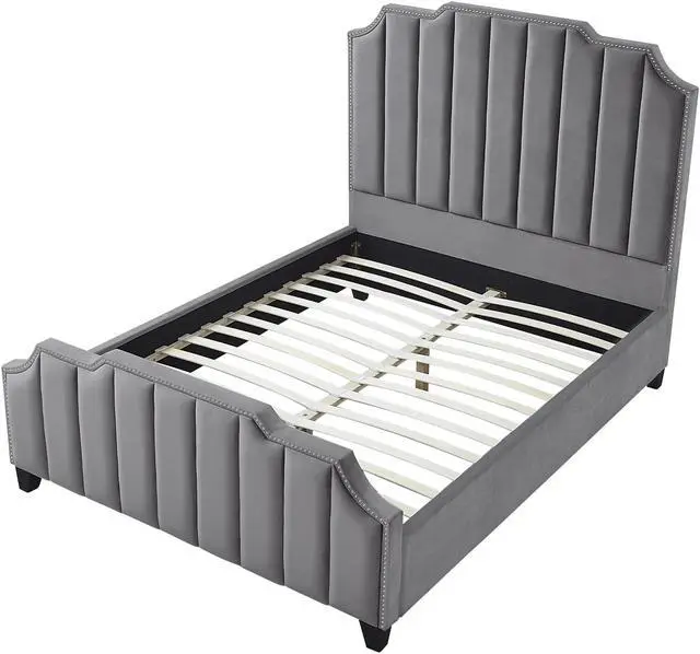 Alt view image 4 of 6 - Inspired Home Lotus Platform Bed - Upholstered | Channel Tufted, Footboard, Slats Included, Grey Velvet