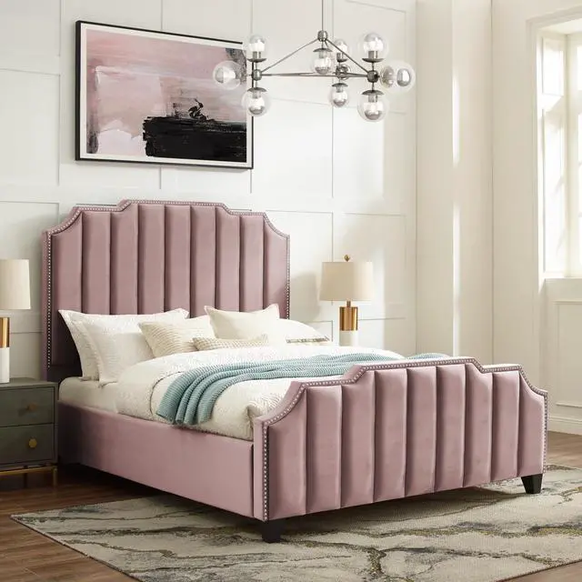 Main image of Inspired Home Lotus Platform Bed - Upholstered | Channel Tufted, Footboard, Slats Included, Pink Velvet