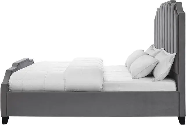 Alt view image 3 of 6 - Inspired Home Lotus Platform Bed - Upholstered | Channel Tufted, Footboard, Slats Included, Grey Velvet
