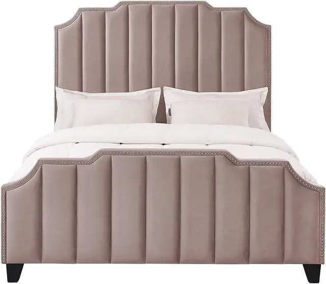 Alt view image 2 of 6 - Inspired Home Lotus Platform Bed - Upholstered | Channel Tufted, Footboard, Slats Included, Pink Velvet