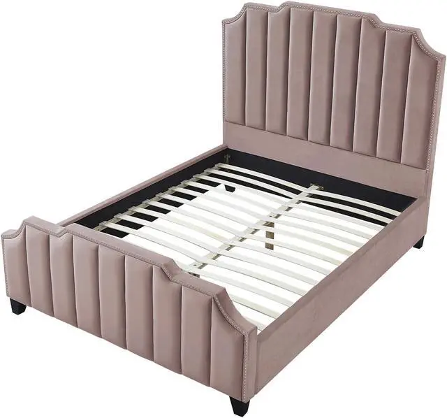 Alt view image 4 of 6 - Inspired Home Lotus Platform Bed - Upholstered | Channel Tufted, Footboard, Slats Included, Pink Velvet