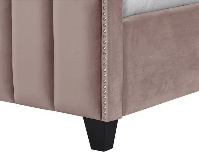 Alt view image 5 of 6 - Inspired Home Lotus Platform Bed - Upholstered | Channel Tufted, Footboard, Slats Included, Pink Velvet