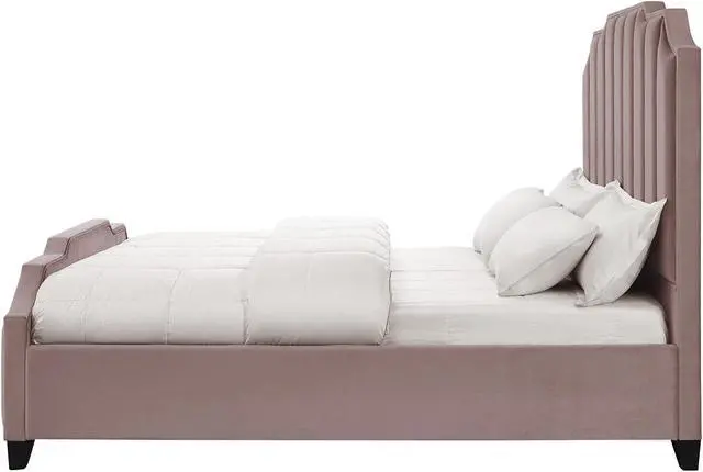 Alt view image 3 of 6 - Inspired Home Lotus Platform Bed - Upholstered | Channel Tufted, Footboard, Slats Included, Pink Velvet