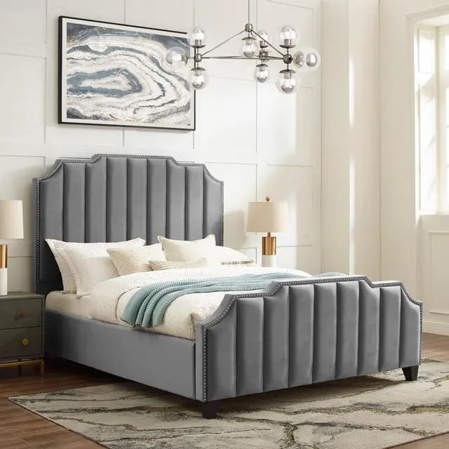 Main image of Inspired Home Lotus Platform Bed - Upholstered | Channel Tufted, Footboard, Slats Included, Grey Velvet
