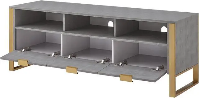 Alt view image 4 of 7 - Nicole Miller Calum TV Stand/Cabinet - 3 Drawers | Brushed Gold Base and Handles, Grey/Gold Faux Shagreen
