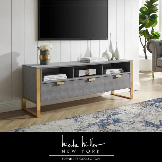 Main image of Nicole Miller Calum TV Stand/Cabinet - 3 Drawers | Brushed Gold Base and Handles, Grey/Gold Faux Shagreen