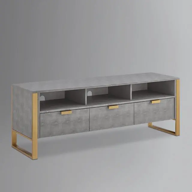 Alt view image 3 of 7 - Nicole Miller Calum TV Stand/Cabinet - 3 Drawers | Brushed Gold Base and Handles, Grey/Gold Faux Shagreen