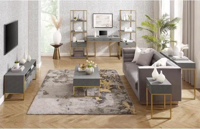 Alt view image 2 of 7 - Nicole Miller Calum End Table - 1 Drawer | Brushed Gold Base and a Handle, Grey/Gold Faux Shagreen