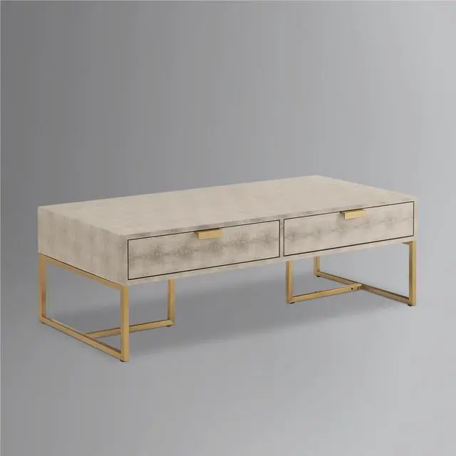 Alt view image 3 of 7 - Nicole Miller Calum Coffee Table - 2 Drawers | Brushed Gold Base and Handles, Cream White/Gold Faux Shagreen
