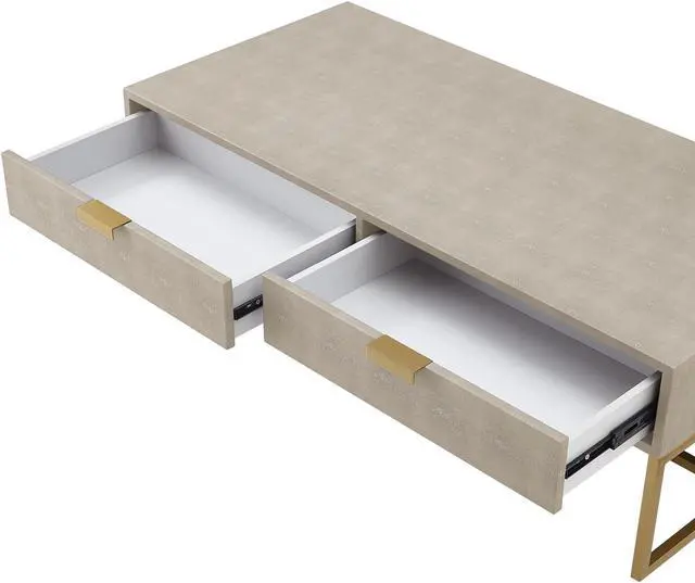 Alt view image 4 of 7 - Nicole Miller Calum Coffee Table - 2 Drawers | Brushed Gold Base and Handles, Cream White/Gold Faux Shagreen