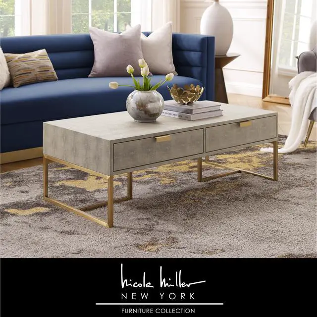 Main image of Nicole Miller Calum Coffee Table - 2 Drawers | Brushed Gold Base and Handles, Cream White/Gold Faux Shagreen