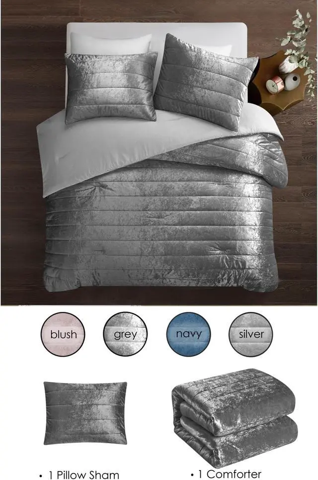 Alt view image 2 of 3 - Grace Living Ariannah 2pc Twin/Twin XL Comforter Set - 1 Pillow Sham, 1 Comforter | Crushed Velvet, Grey Velvet
