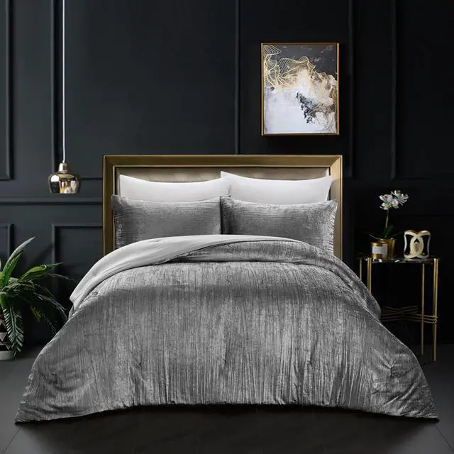Main image of Grace Living Cerenity 3pc Full/Queen Comforter Set - 2 Pillow Shams, 1 Comforter | Crinkle Velvet, Dark Grey Velvet