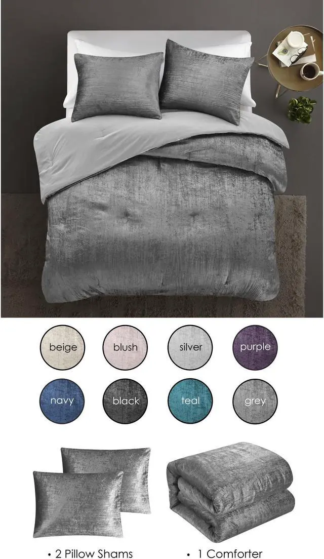 Alt view image 2 of 3 - Grace Living Cerenity 3pc Full/Queen Comforter Set - 2 Pillow Shams, 1 Comforter | Crinkle Velvet, Dark Grey Velvet