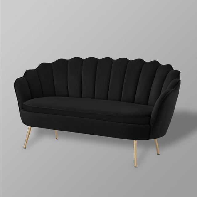 Alt view image 3 of 7 - Nicole Miller Elani Loveseat - Upholstered Channel Tufted | Scalloped Edges, Black Velvet