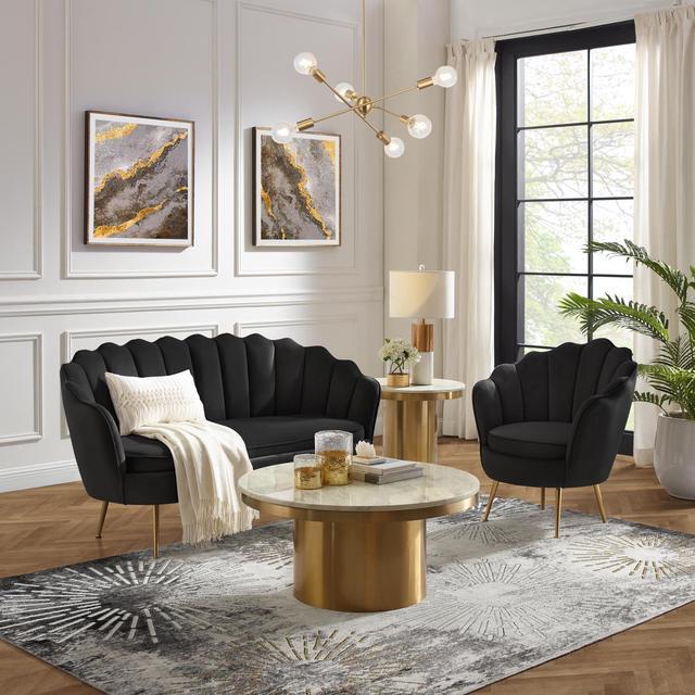 Alt view image 7 of 7 - Nicole Miller Elani Loveseat - Upholstered Channel Tufted | Scalloped Edges, Black Velvet