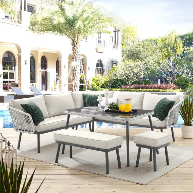 Main image of Inspired Home Zofia Patio Conversation Set - Set Includes: 2 Sofas, 1 Bench, 1 Stool/Ottoman, 1 Table | Indoor, Outdoor, All-Weather Faux Rattan Wicker Design, Removable and Washable Cushions, Sand