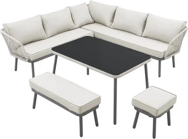 Alt view image 2 of 7 - Inspired Home Zofia Patio Conversation Set - Set Includes: 2 Sofas, 1 Bench, 1 Stool/Ottoman, 1 Table | Indoor, Outdoor, All-Weather Faux Rattan Wicker Design, Removable and Washable Cushions, Sand