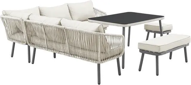 Alt view image 3 of 7 - Inspired Home Zofia Patio Conversation Set - Set Includes: 2 Sofas, 1 Bench, 1 Stool/Ottoman, 1 Table | Indoor, Outdoor, All-Weather Faux Rattan Wicker Design, Removable and Washable Cushions, Sand