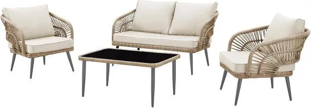 Alt view image 2 of 7 - Inspired Home Yessenia Patio Conversation Set - Set Includes: 1 Loveseat (2-Seater), 2 Armchairs, 1 Coffee Table | Indoor, Outdoor, Removable and Washable Cushions, Teak