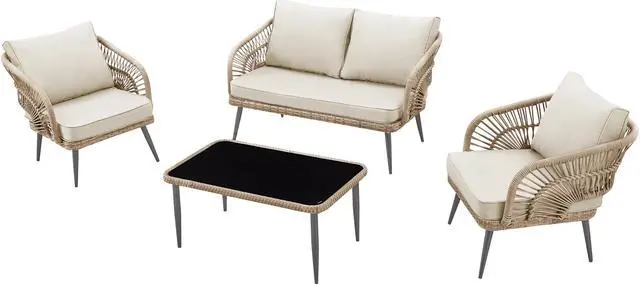 Alt view image 3 of 7 - Inspired Home Yessenia Patio Conversation Set - Set Includes: 1 Loveseat (2-Seater), 2 Armchairs, 1 Coffee Table | Indoor, Outdoor, Removable and Washable Cushions, Teak