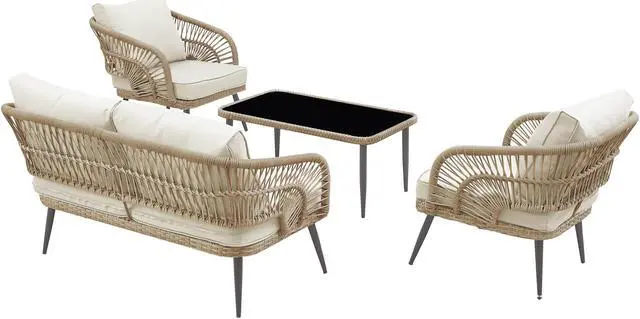 Alt view image 4 of 7 - Inspired Home Yessenia Patio Conversation Set - Set Includes: 1 Loveseat (2-Seater), 2 Armchairs, 1 Coffee Table | Indoor, Outdoor, Removable and Washable Cushions, Teak