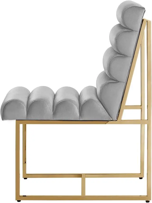 Alt view image 3 of 7 - Inspired Home Lora Dining Chair - Upholstered, Stainless Steel Frame | Channel Tufted, Grey/Gold Velvet
