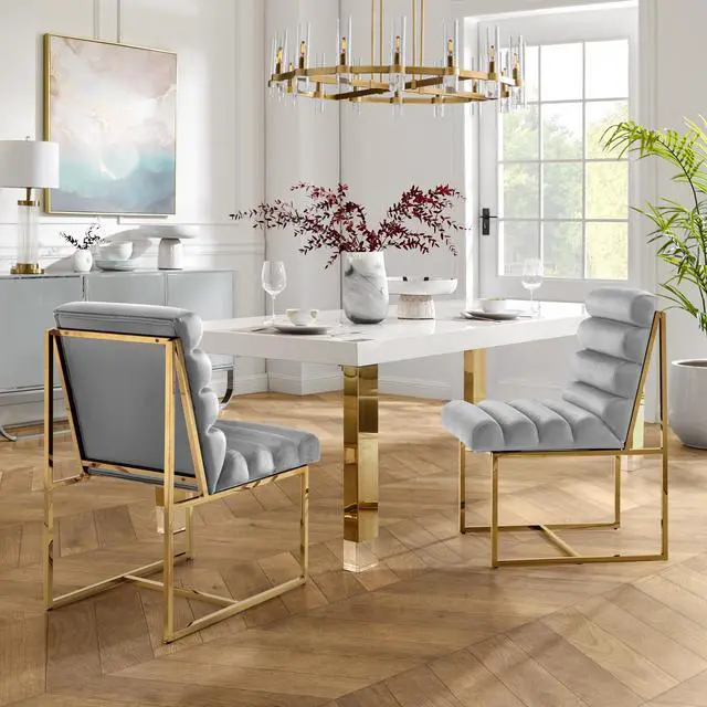 Main image of Inspired Home Lora Dining Chair - Upholstered, Stainless Steel Frame | Channel Tufted, Grey/Gold Velvet