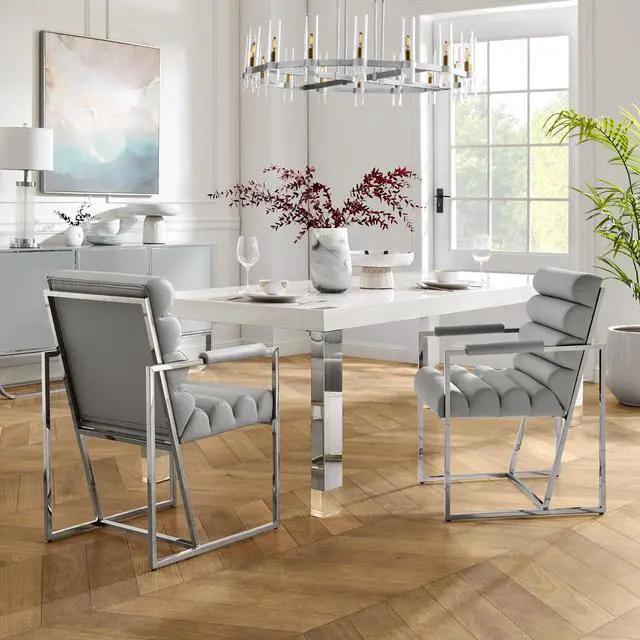 Main image of Inspired Home Lora Dining Chair - Upholstered, Stainless Steel Frame | Channel Tufted, Grey/Chrome PU Leather