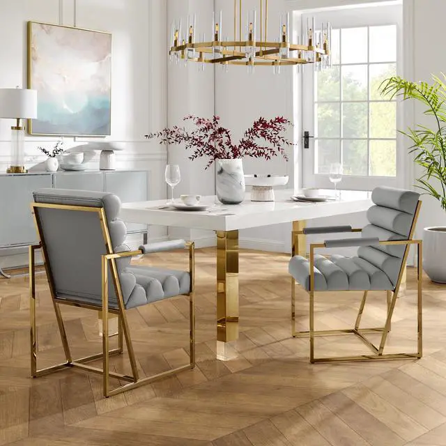 Main image of Inspired Home Lora Dining Chair - Upholstered, Stainless Steel Frame | Channel Tufted, Grey/Gold PU Leather