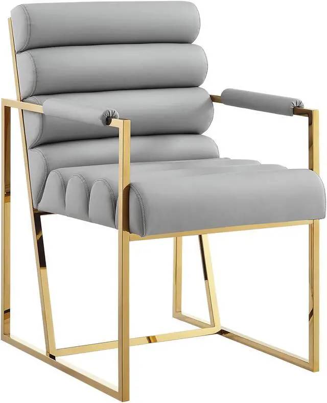 Alt view image 2 of 6 - Inspired Home Lora Dining Chair - Upholstered, Stainless Steel Frame | Channel Tufted, Grey/Gold PU Leather