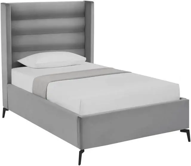 Alt view image 2 of 6 - Inspired Home Laron Platform Bed - Upholstered | Wingback Channel Tufted Headboard, Oblique Legs, Light Grey Velvet